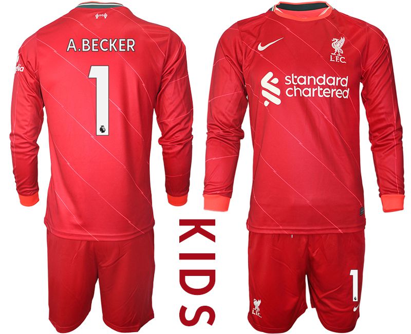 Youth 2021-2022 Club Liverpool home red Long Sleeve #1 Soccer Jersey->youth soccer jersey->Youth Jersey